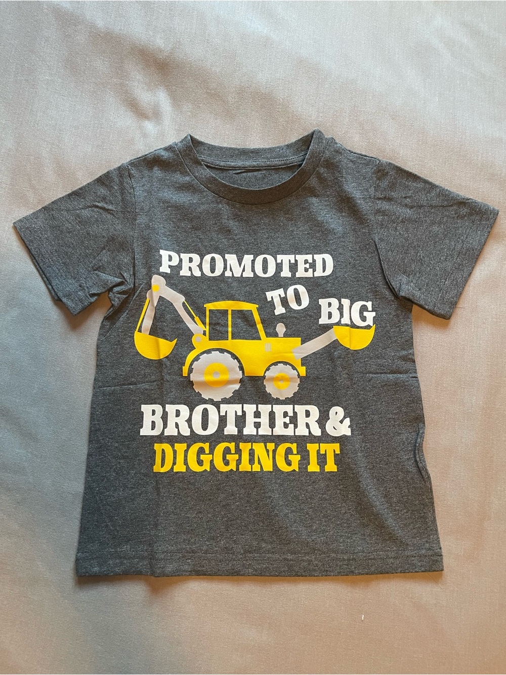 Promoted to Big Brother Gray Tee with Yellow Excavator Graphic